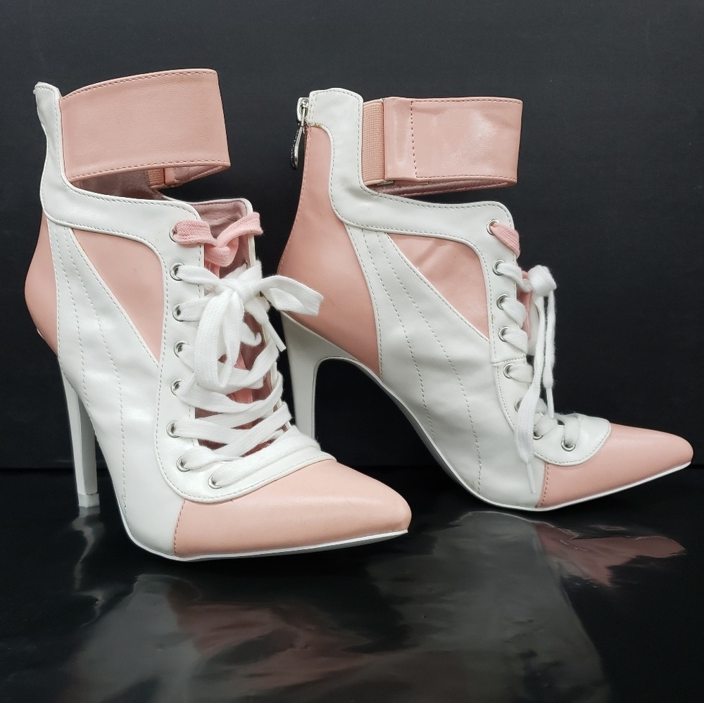 " heeled pink & white sneaker ankle boot